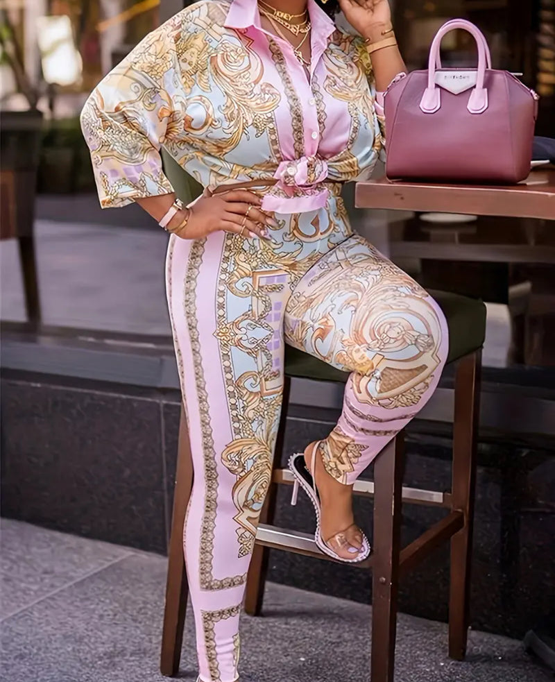 Plus Size Bohemian Two-Piece Set: Blouse & Pants