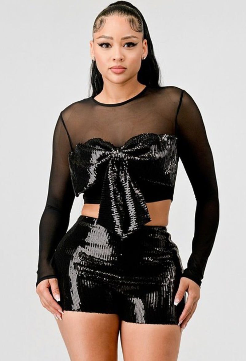 Sheer Sleeve Sequin Cropped Top and Shorts Set