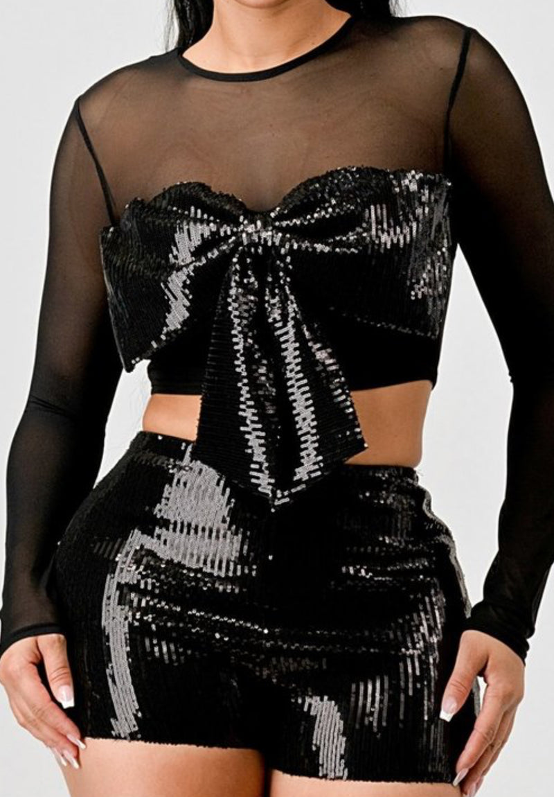 Sheer Sleeve Sequin Cropped Top and Shorts Set