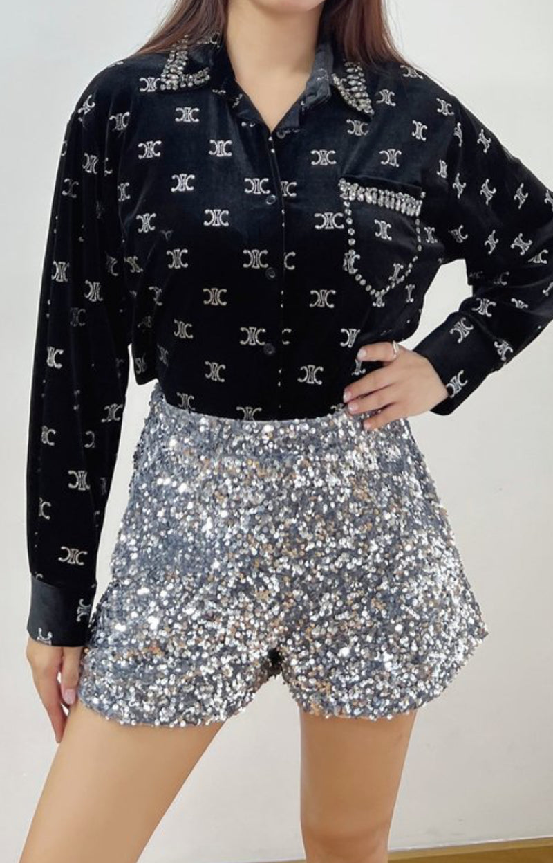 Velvet Graphic Print Blouse with Rhinestone Details