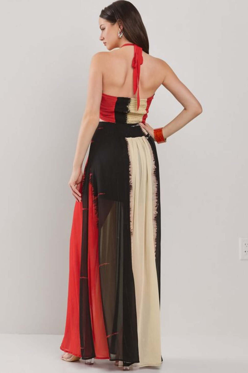 Vertical Color Block Halter Maxi Dress