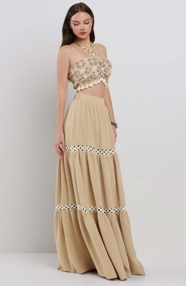 Versatile Tassel Tube Top and Tiered Maxi Skirt Set