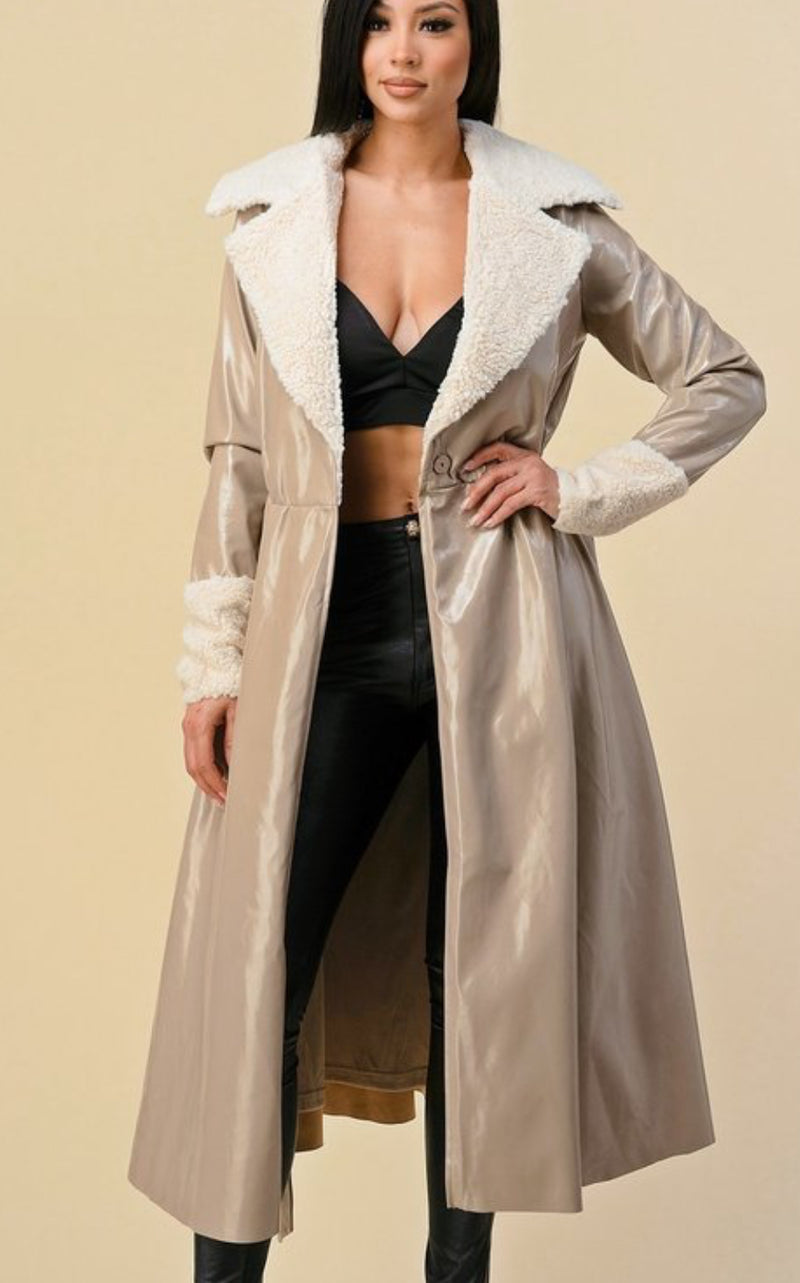 Glossy Long Faux Leather Coat with Faux Fur and Belt