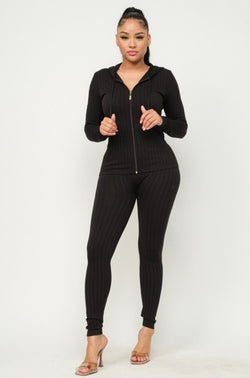 Ribbed Zip Hoodie & Leggings Set with Pockets