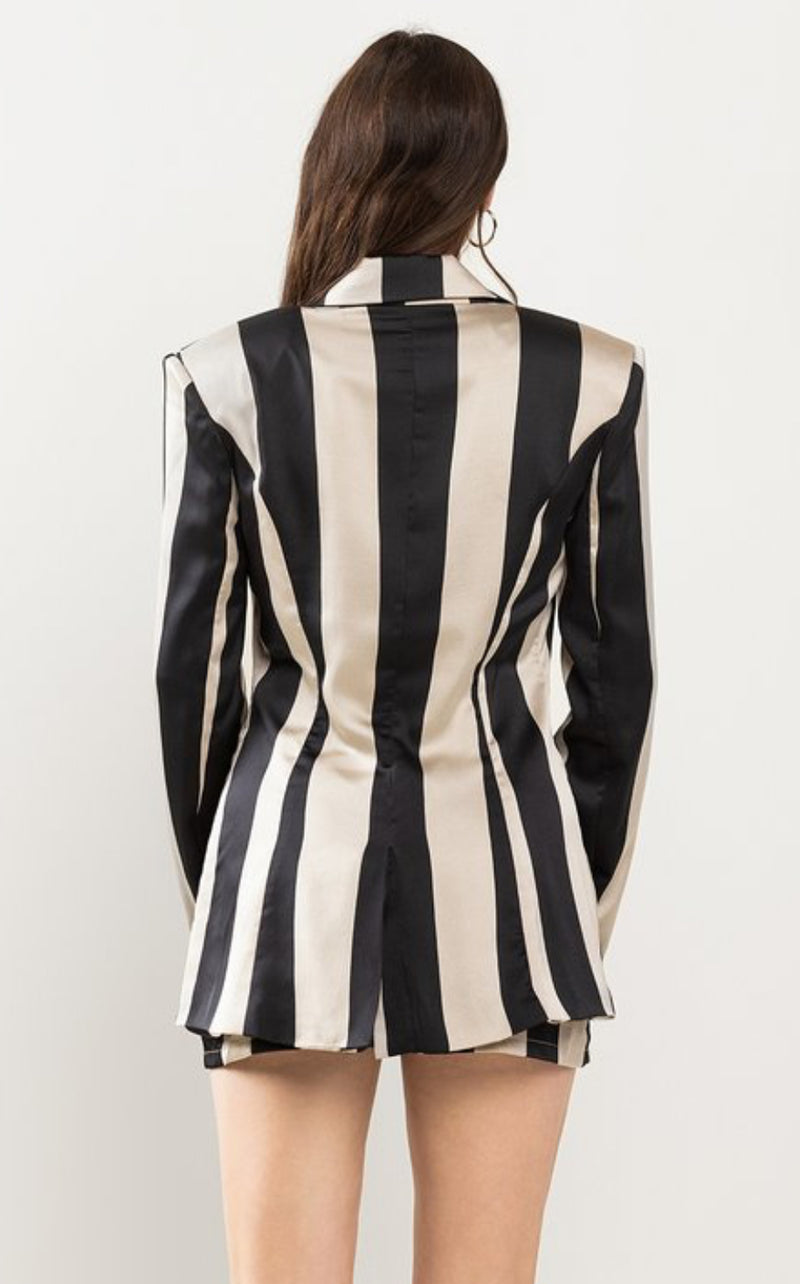 Stripe Blazer and Satin Shorts Two-Piece Set