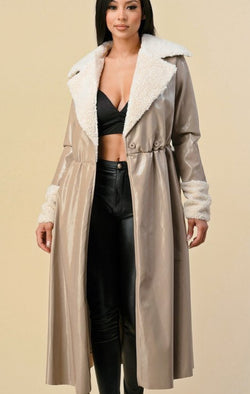 Glossy Long Faux Leather Coat with Faux Fur and Belt