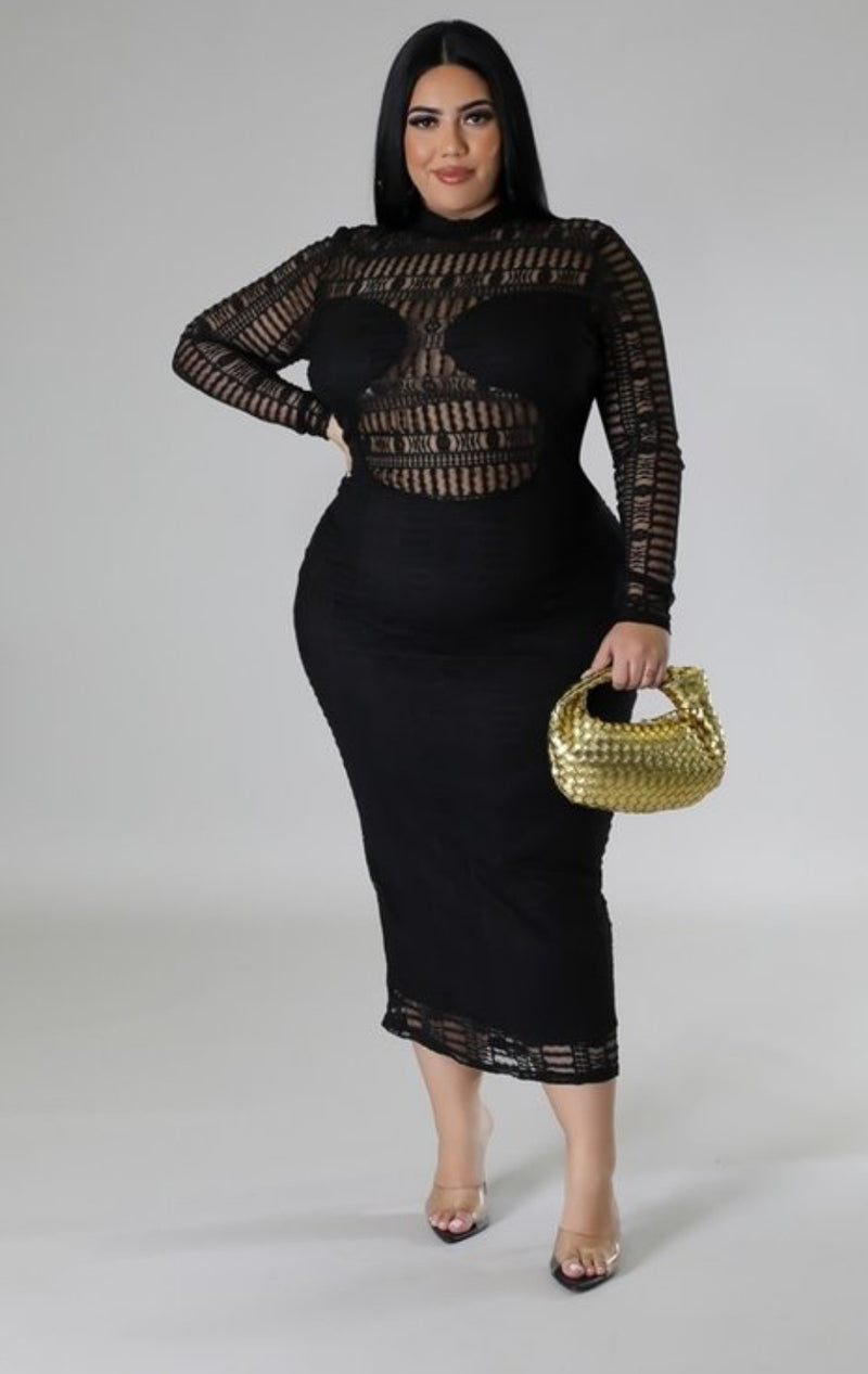 Plus Size See-Through Stretch Dress with Long Sleeves and Zipper Closure