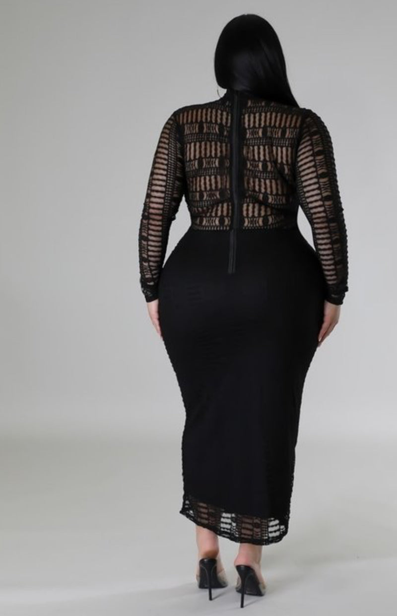 Plus Size See-Through Stretch Dress with Long Sleeves and Zipper Closure