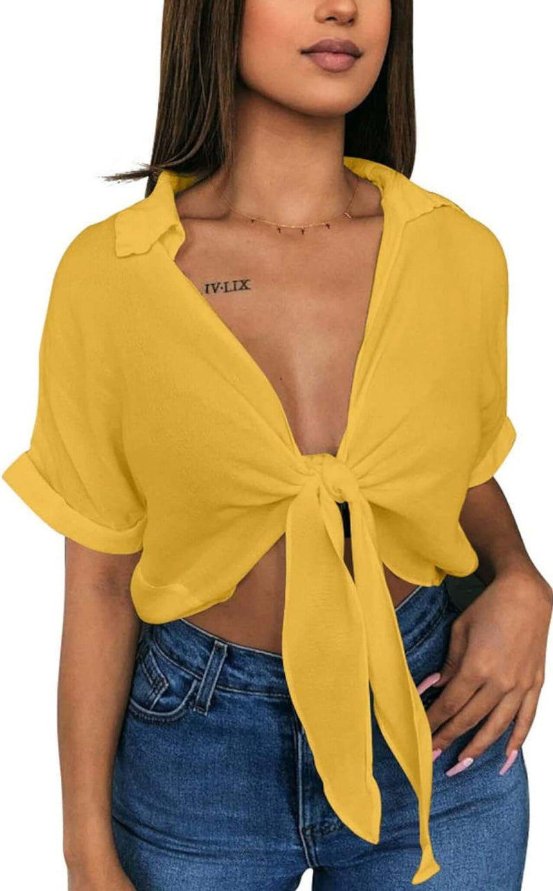 Sexy V-Neck Batwing Sleeve Top - Loose Fit with Tie Knot