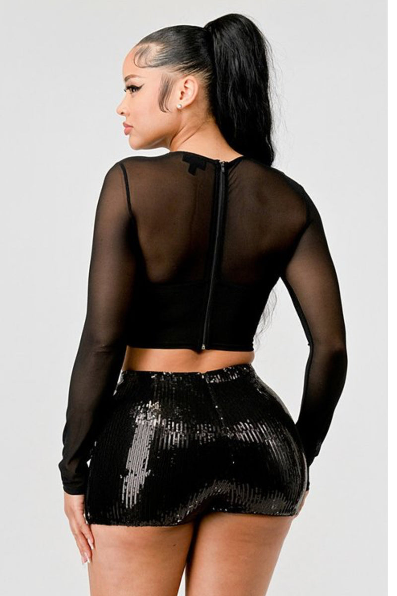 Sheer Sleeve Sequin Cropped Top and Shorts Set