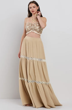 Versatile Tassel Tube Top and Tiered Maxi Skirt Set