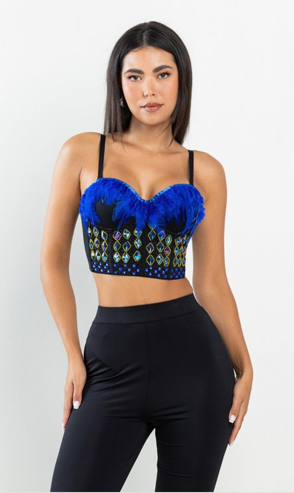 Feather Trim Gemstone Bustier Bra Top