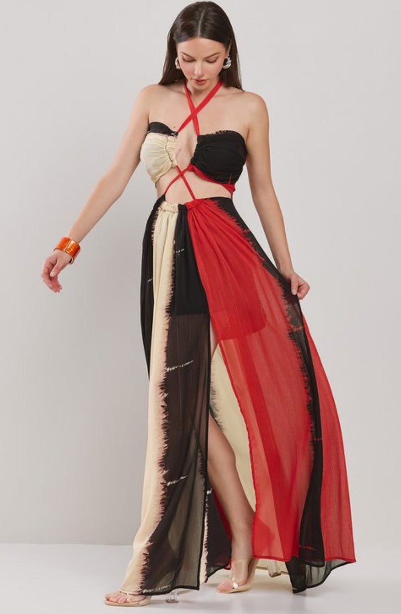 Vertical Color Block Halter Maxi Dress