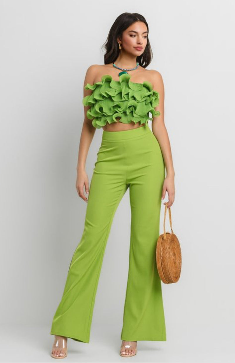 Ruffle Tube Top and Matching High-Waist Pants Set