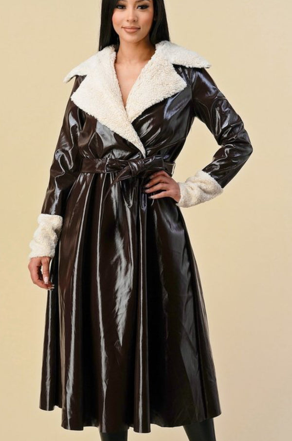 Elegant Long Faux Leather Coat with Glossy Finish