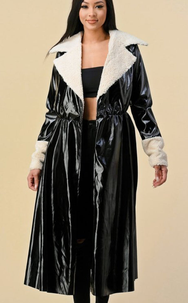 Long Glossy Faux Leather Coat with Faux Fur and Waist Belt