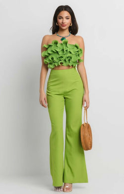 Ruffle Tube Top and Matching High-Waist Pants Set