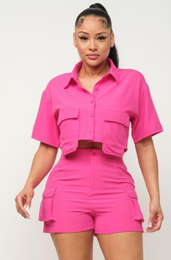 Lenox Crepe Button-Down Crop Top and Shorts Set