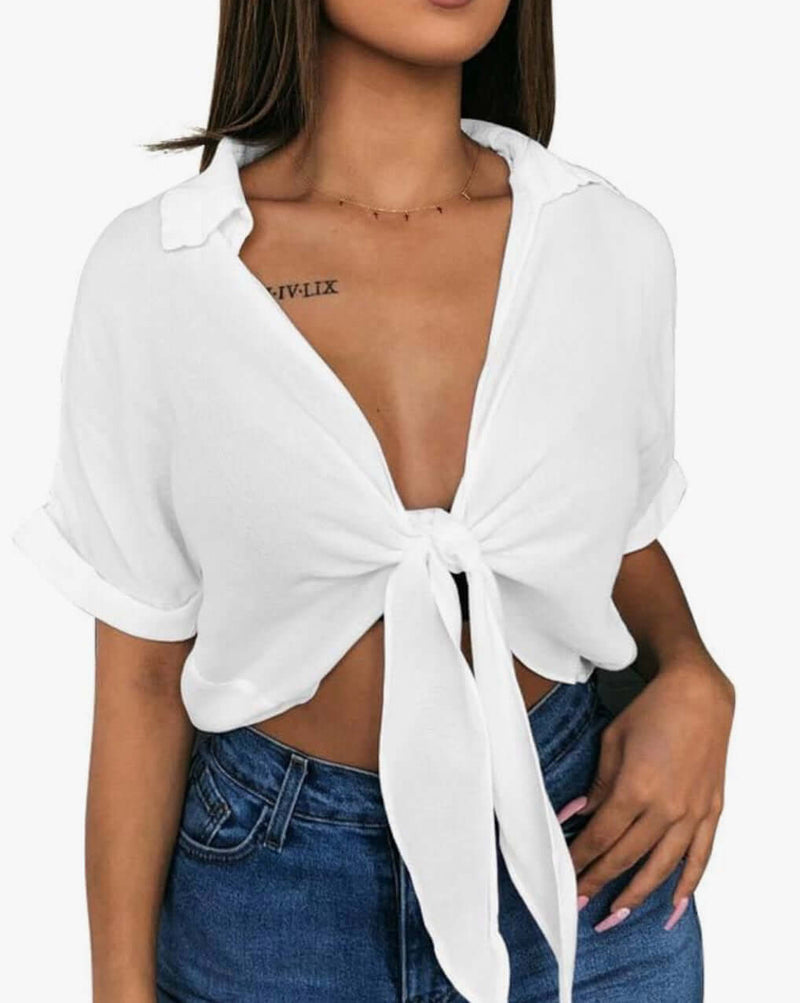 V-Neck Batwing Sleeve Tie Knot Top