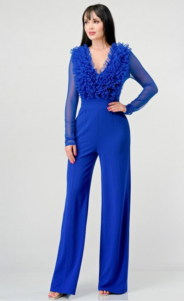 Elegant Ruffle Trim V-Neck Wide-Leg Bodycon Jumpsuit