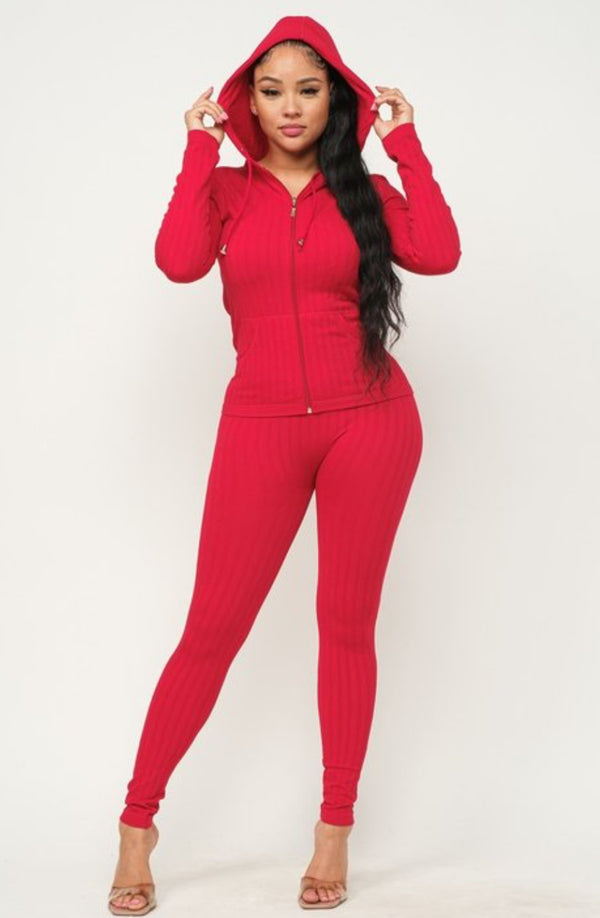 Seamless Rib Zip Hoodie with Side Pockets and Leggings Set