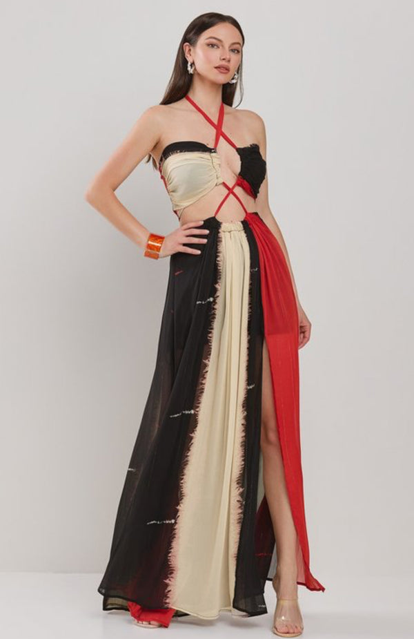 Vertical Color Block Halter Maxi Dress