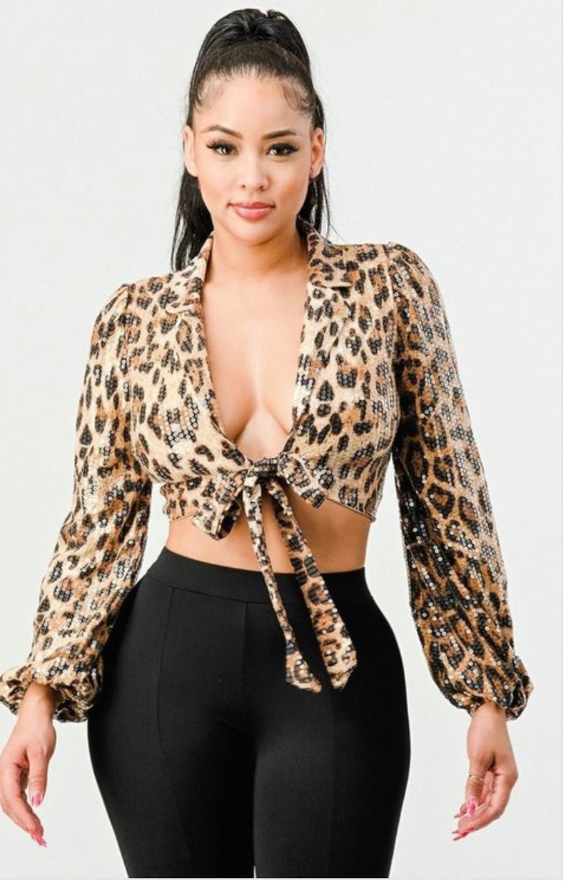 Animal Print Sequin Cropped Jacket – Front Tie, Imported - Stile boutique