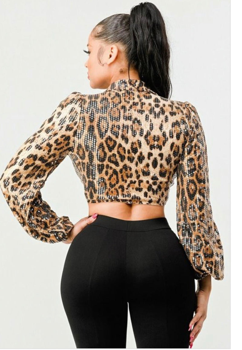 Animal Print Sequin Cropped Jacket – Front Tie, Imported - Stile boutique