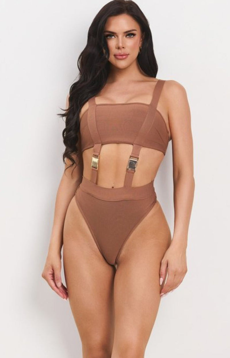 Bandage Buckle Bodysuit and High - Rise Pants Set - Stile boutique