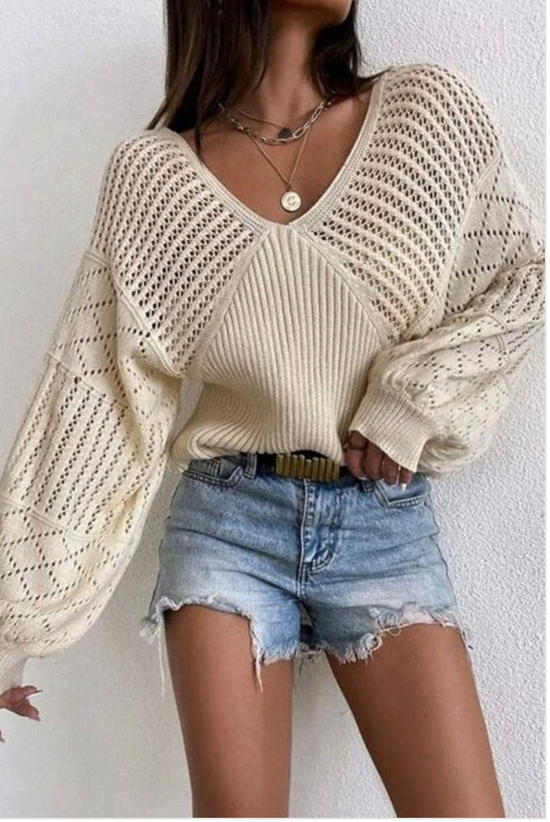 Bishop Sleeve V - Neck Open Knit Sweater - Stile boutique