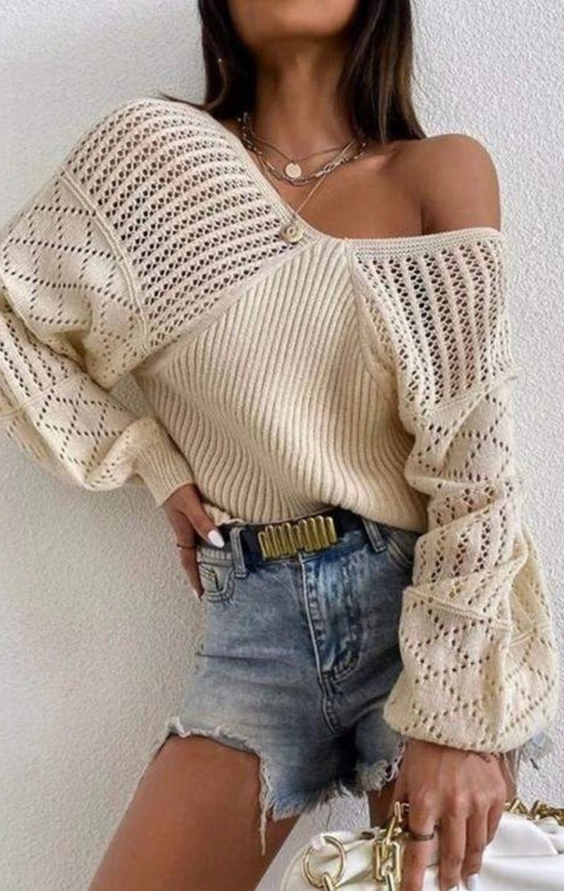 Bishop Sleeve V - Neck Open Knit Sweater - Stile boutique