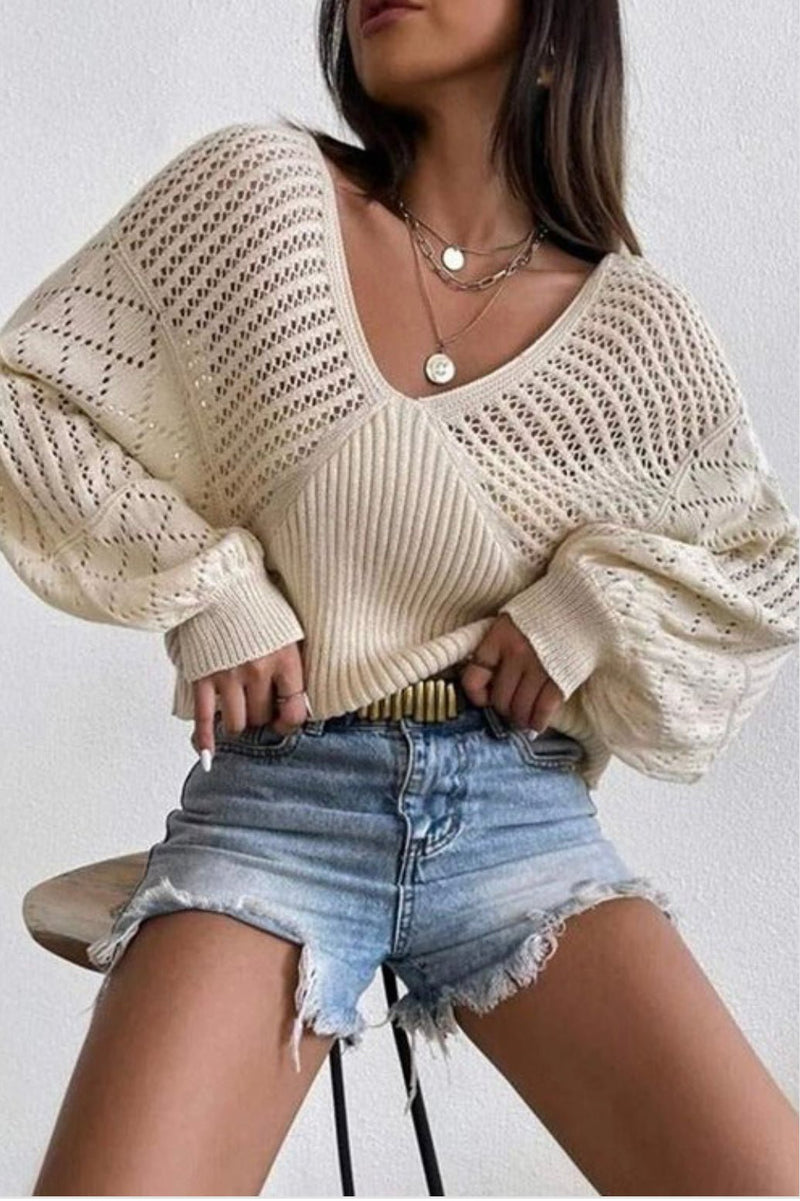 Bishop Sleeve V - Neck Open Knit Sweater - Stile boutique