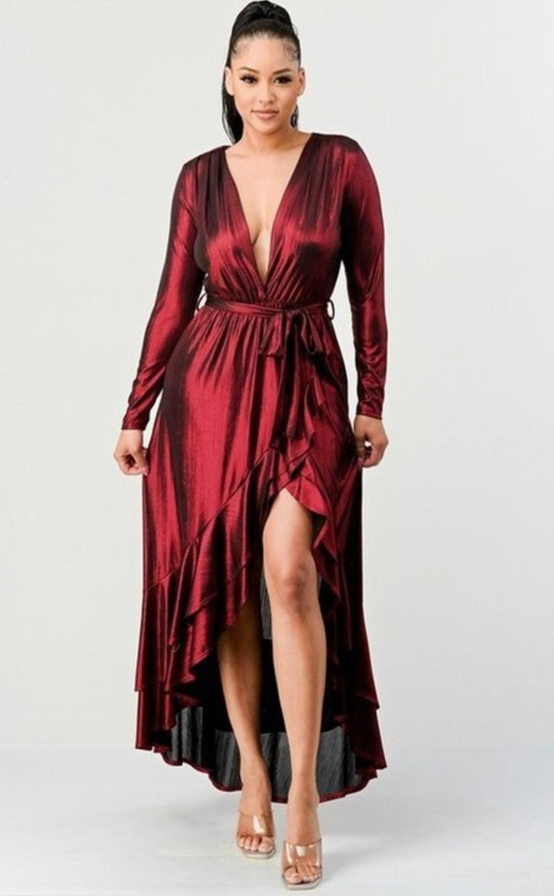 Chic Foil Maxi Gown with Plunge V - Neck and Asymmetrical Ruffled Hem - Stile boutique