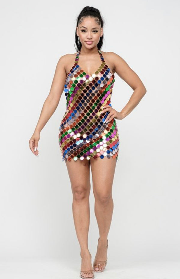 Multi-Color Disc Chainmail Sequin Halter Mini Dress - Open Back