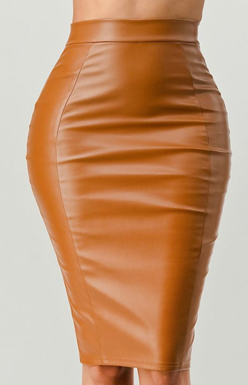 Faux Leather Back Slit Midi Skirt - Chic and Modern