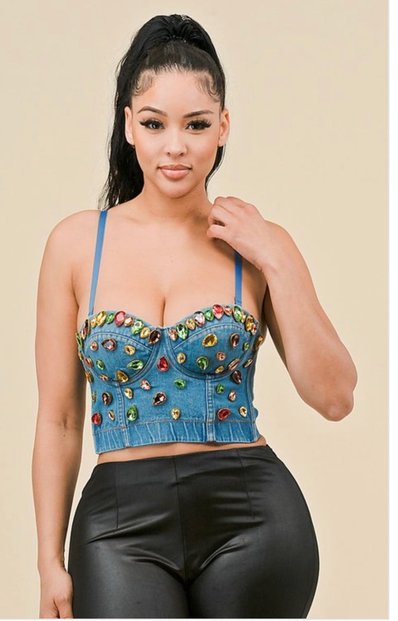 Denim Bustier with Multi-Color Stones – Cotton Blend