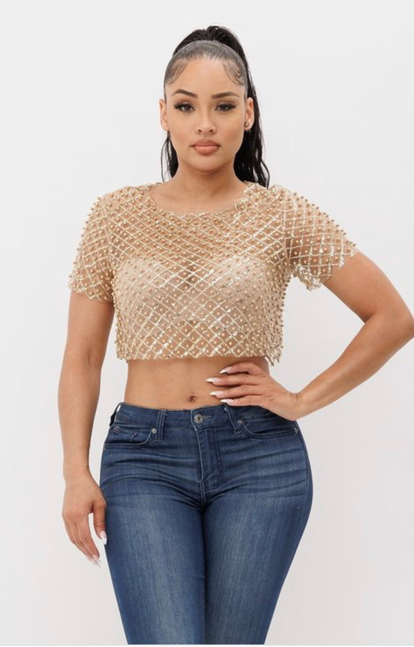 Pearl Beaded Mesh Crop Top with Sequin Detail - Short Sleeve