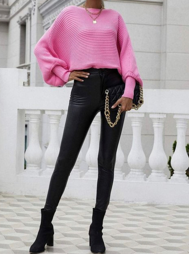 Ribbed Knit Batwing Sleeve Pullover