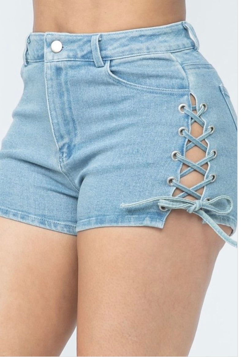 Denim Shorts with Side Lace-Up Detail