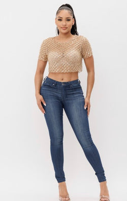 Pearl Beaded Mesh Crop Top with Sequin Detail - Short Sleeve