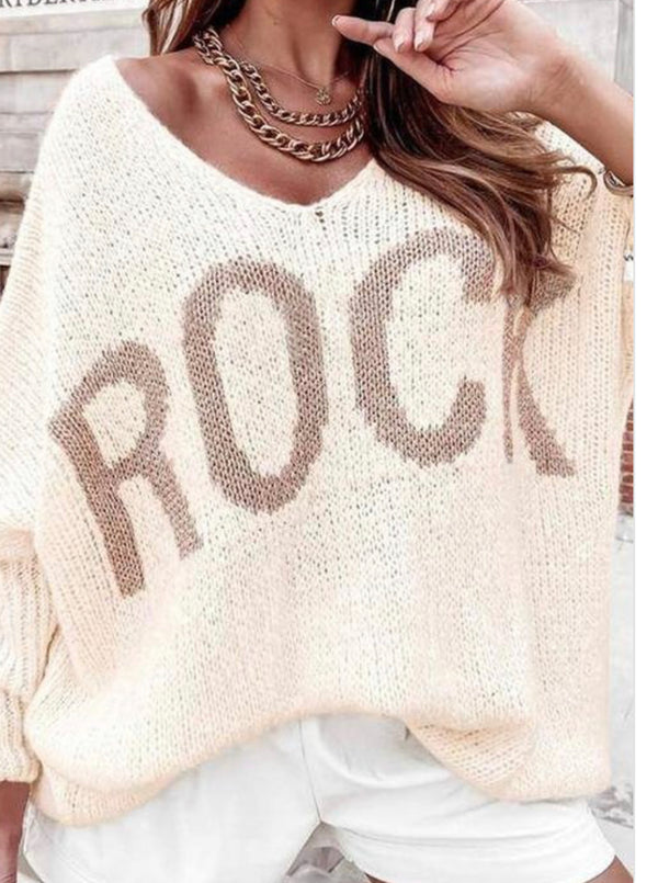 Oversized Letter Print Knitted Sweater – Winter Pullover