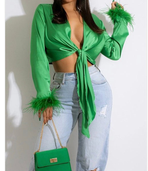 V-Neck Tie Front Feather Sleeve Faux Fur Crop Top