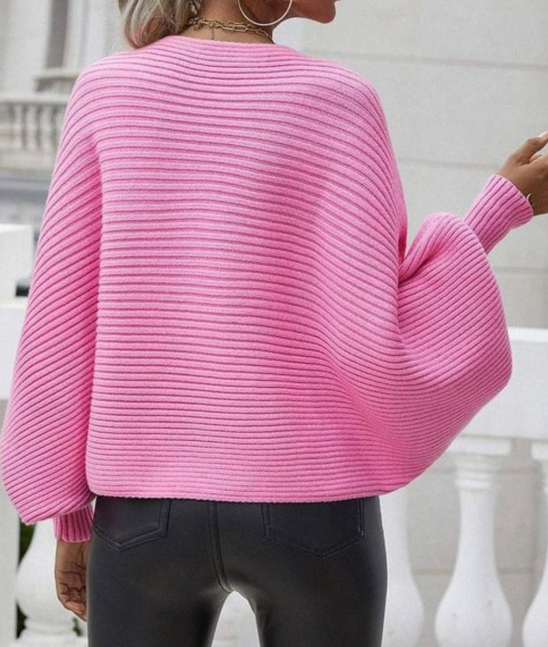 Ribbed Knit Batwing Sleeve Pullover