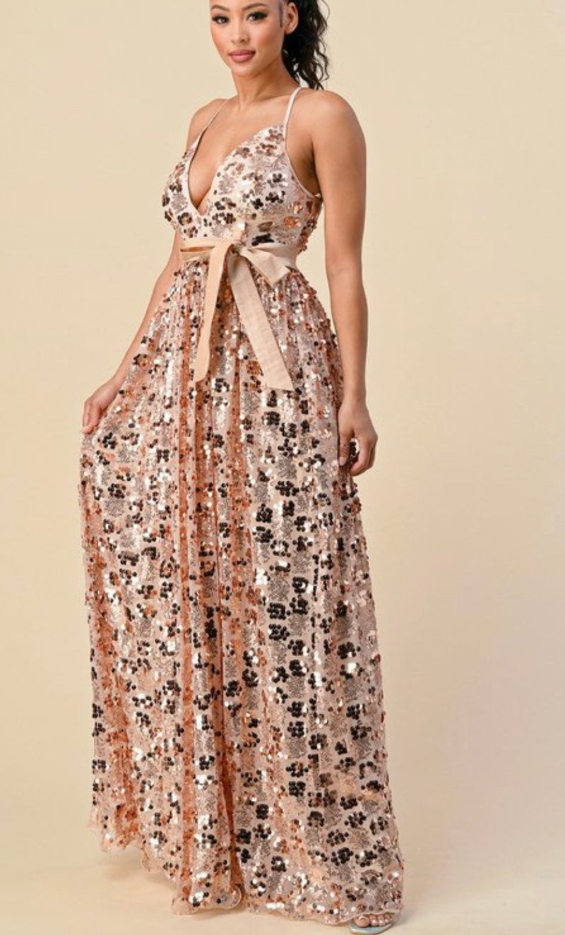 Sequin Maxi Dress with Plunging Neckline - Elegant and Glamorous