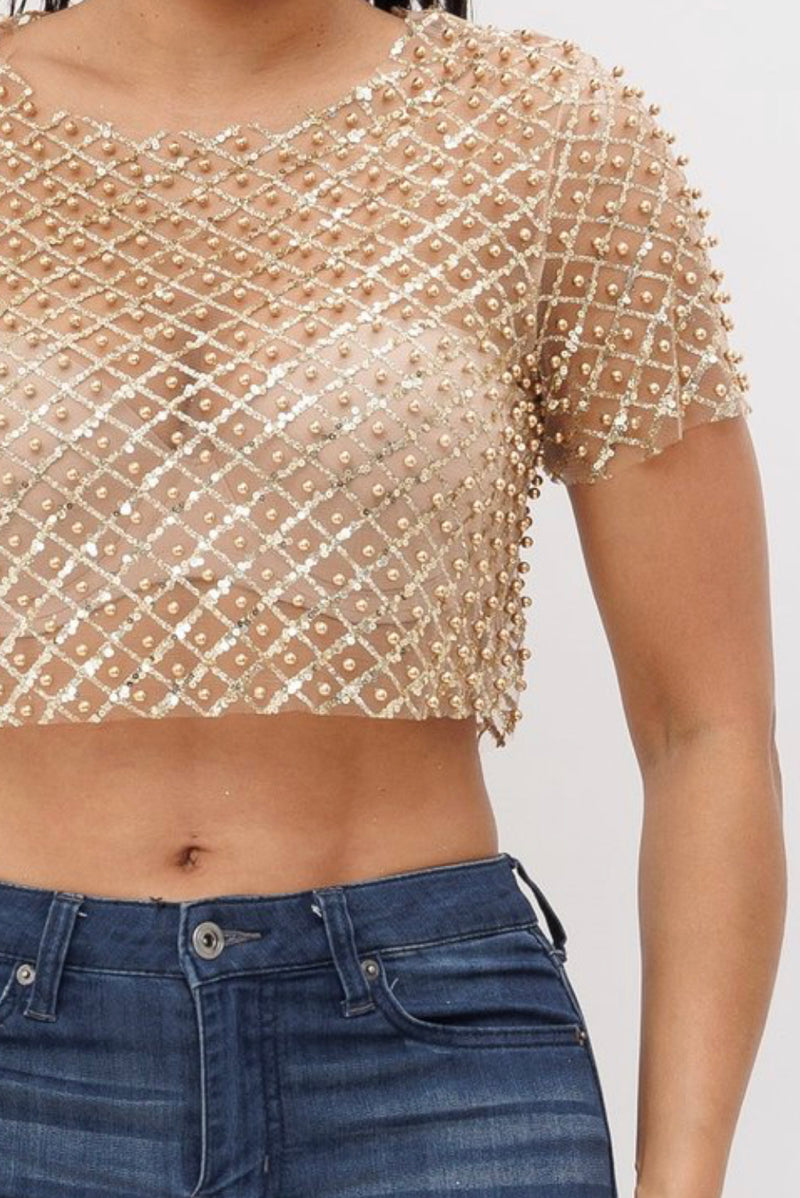 Pearl Beaded Mesh Crop Top with Sequin Detail - Short Sleeve