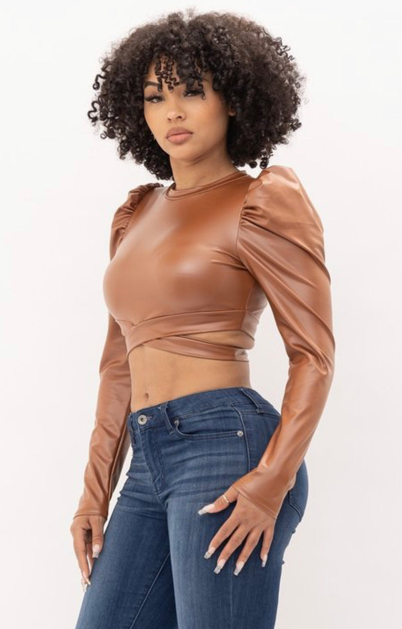 PU Leather Criss-Cross Crop Top with Gigot Sleeves