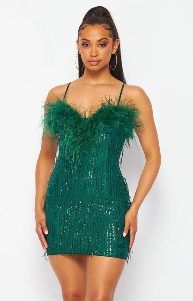 No-Sleeve Sequin Midi Dress with Feather Hem Detail - Glamorous Style