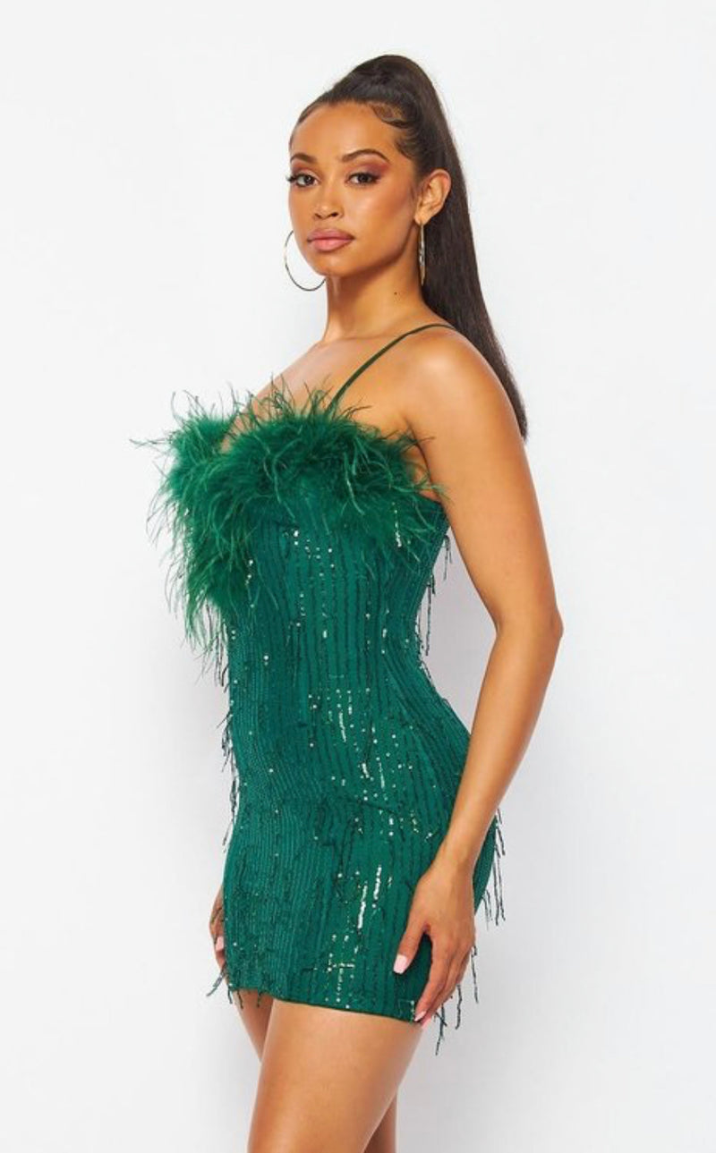 No-Sleeve Sequin Midi Dress with Feather Hem Detail - Glamorous Style