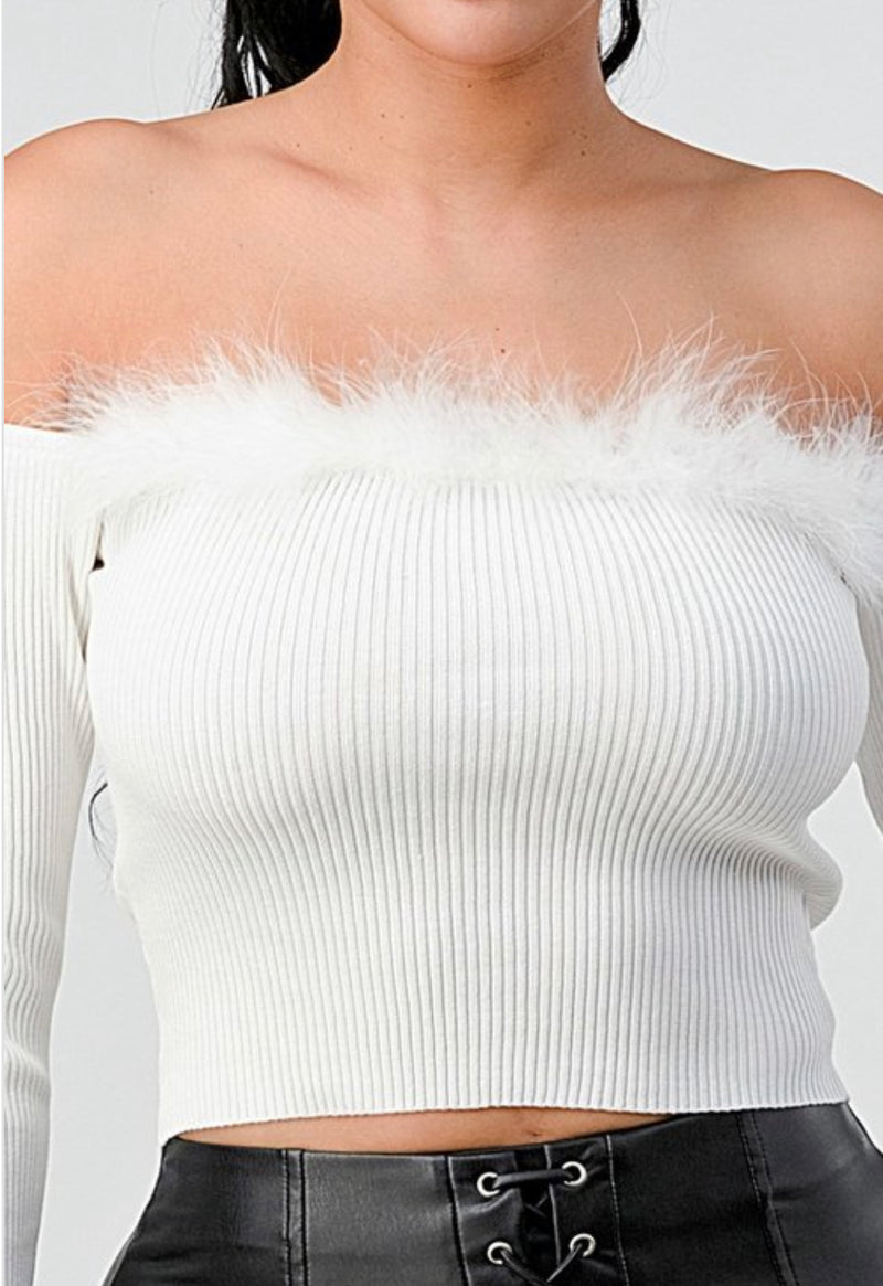 Off-Shoulder Fur Rib Knit Crop Top