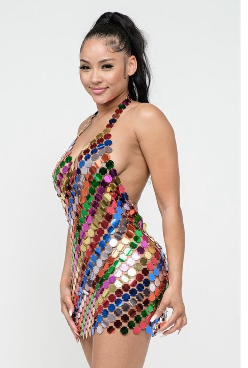 Multi-Color Disc Chainmail Sequin Halter Mini Dress - Open Back